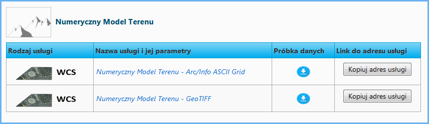 Grafika przedstawiająca widok informacji o usługach WCS dotyczących NMT na stronie www.geoportal.gov.pl
