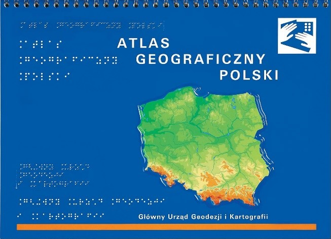 Okładka oraz mapa podstawowa „Atlasu geograficznego Polski” dla niewidomych i słabowidzących