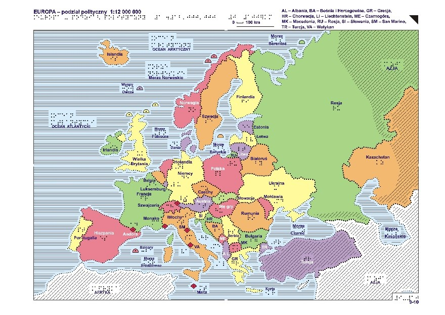 Przykład map „Atlasu geograficznego Europy” dla niewidomych i słabowidzących